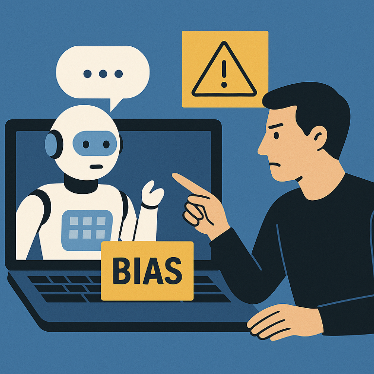Illustration of a man pointing at a robot on a laptop screen with a warning sign and the word “BIAS” highlighted in the foreground.