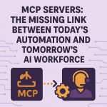 Flat-style illustration showing MCP servers as a link between automation and AI, with icons representing MCP, gears, and a headset-wearing AI agent connected by dotted lines, all set against a lavender circuit-patterned background.
