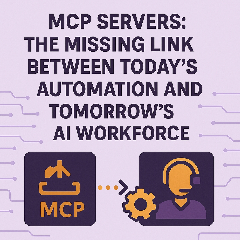 Flat-style illustration showing MCP servers as a link between automation and AI, with icons representing MCP, gears, and a headset-wearing AI agent connected by dotted lines, all set against a lavender circuit-patterned background.