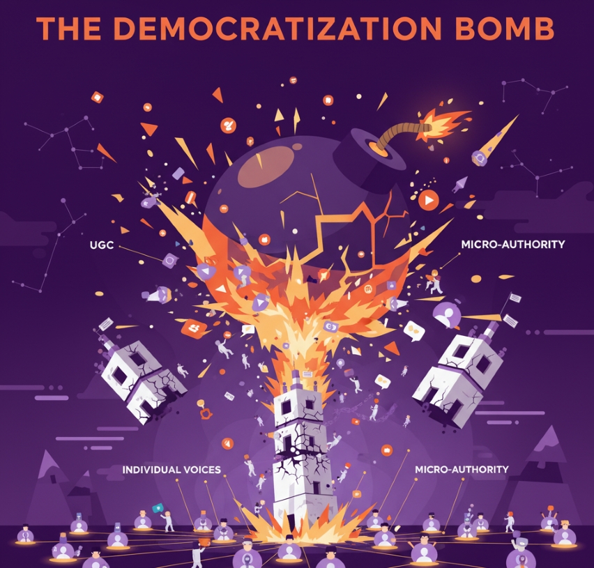 An illustration showing a large bomb exploding, shattering a central "Ivory Tower" into pieces labeled "UGC" and "Micro-Authority." The explosion disperses fragments and tiny figures, while smaller, interconnected "Individual Voices" gather below against a backdrop of mountains and constellations.