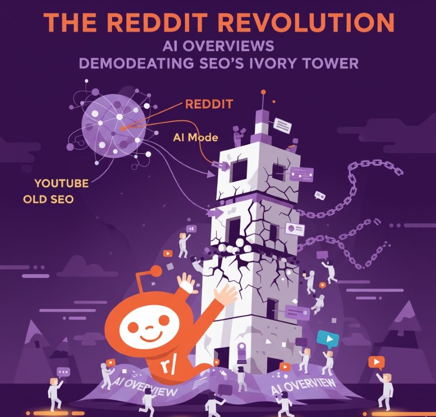 A dynamic illustration depicting the "Reddit Revolution," where a massive Reddit Snoo figure pushes over a cracked, monolithic tower representing old-school SEO. The scene includes flowing lines and icons representing AI Overviews, signifying a new era of search.